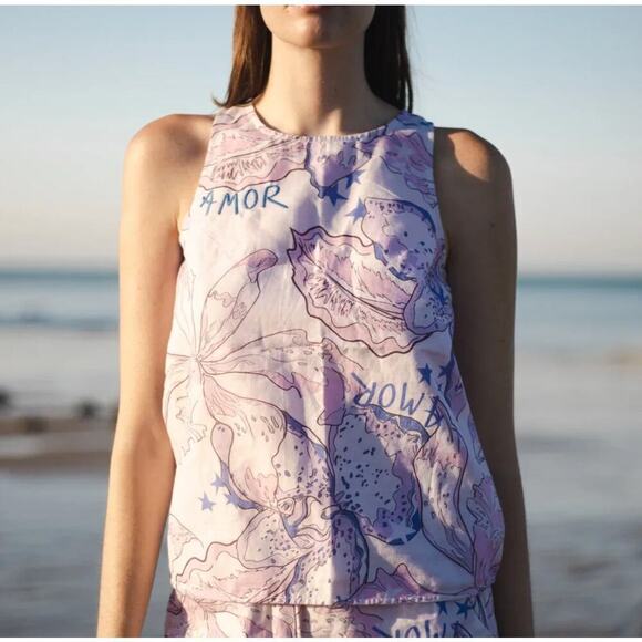 Las Surenas Amor Embroidered Printed Linen Cotton Tank Top Floral Blue Pink SM - Picture 6 of 6